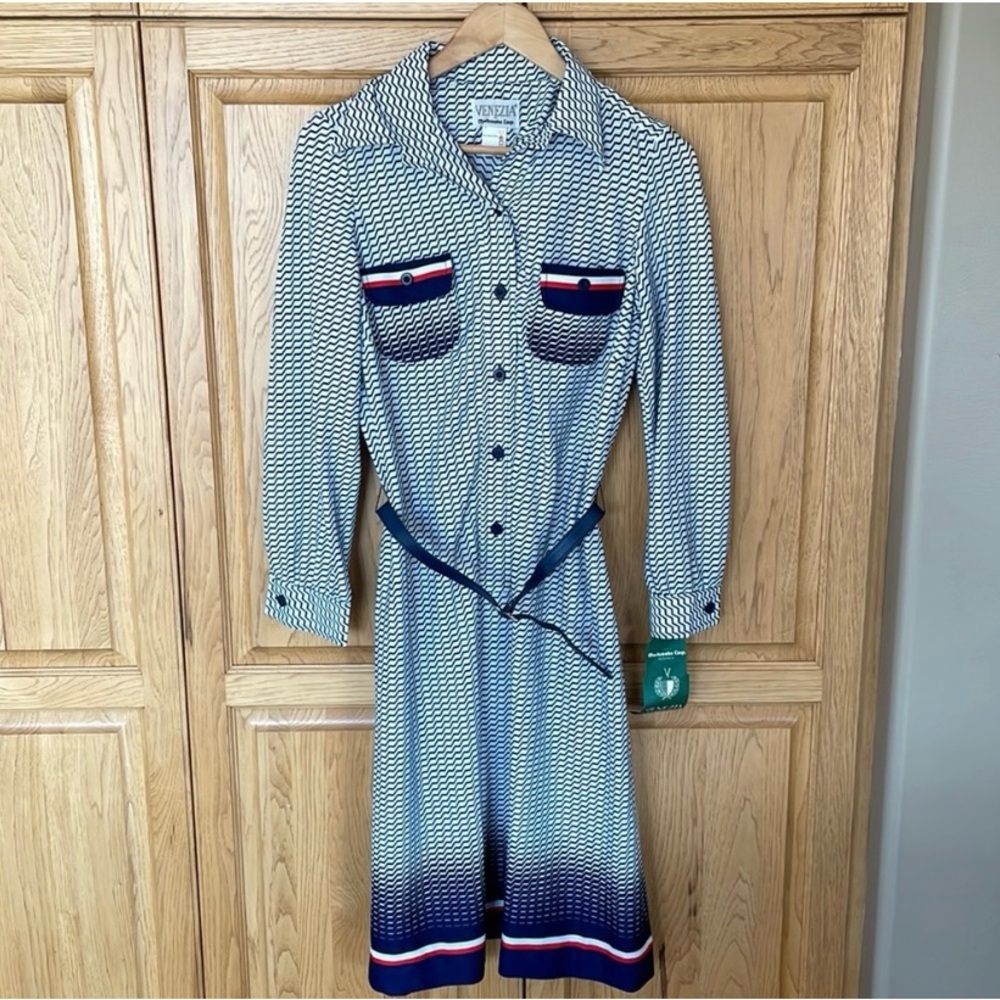 NWT Vintage Geometric Dress Blue/White/Red Various Sizes